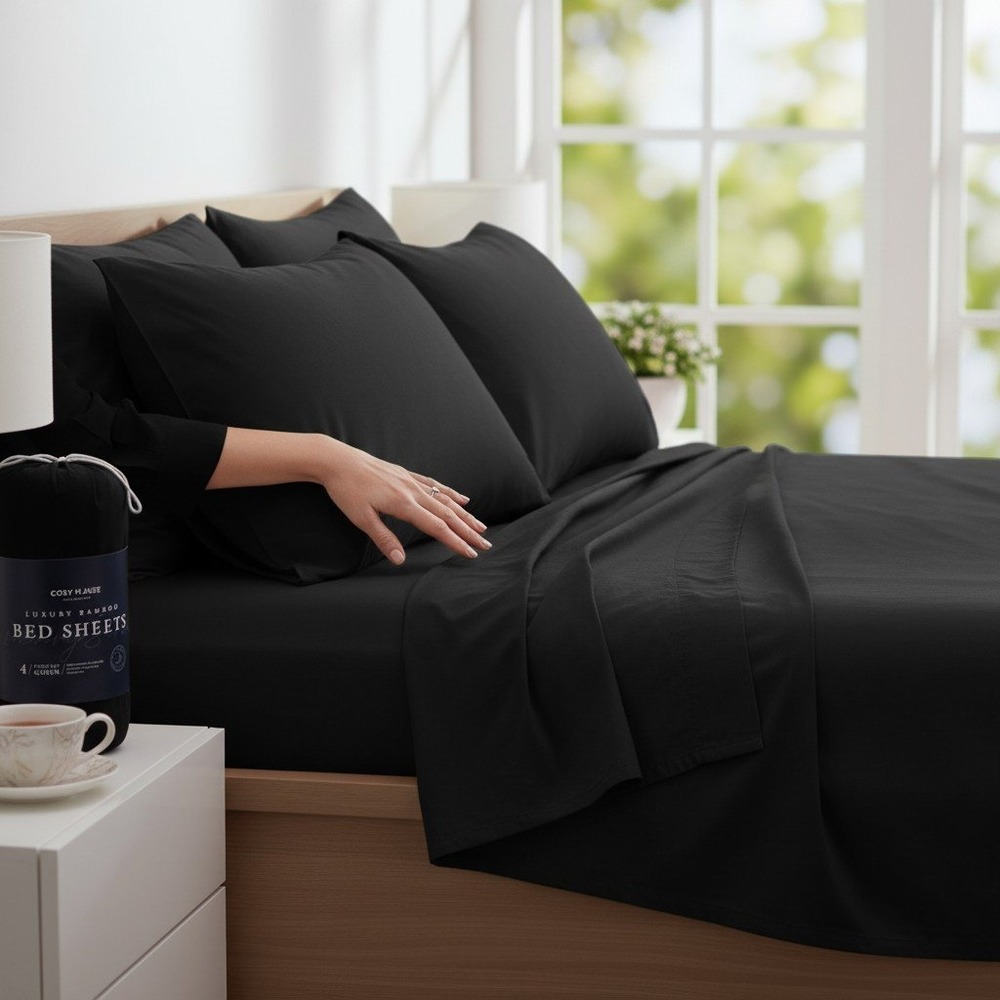 Cosy House Collection Queen Bamboo Bed Sheets Black 4pc Set New